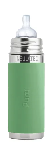 Pura Kiki - Botella infantil aislada de acero inoxidable de 7 onzas, incluye pezón y funda de silicona de flujo medio, anticólicos, sin plástico,