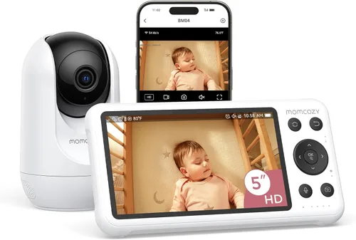 Momcozy Monitor de bebé inteligente WiFi con cámara y audio, pantalla 1080P de 5 pulgadas con montaje en pared, detección de movimiento y llanto,