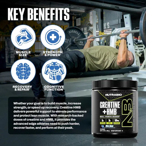 Miniatura 2 de NutraBio Creatina + HMB - Monohidrato de creatina con HMB en polvo para el crecimiento muscular, mayor fuerza - 30 porciones (Blue Razz)