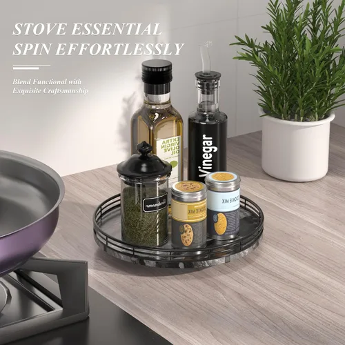 Miniatura 6 de Marble Lazy Susan - Tocadiscos para mesa, bandeja redonda de mármol de grano de madera antigua de 10 pulgadas para mesa de comedor, encimera de Negro