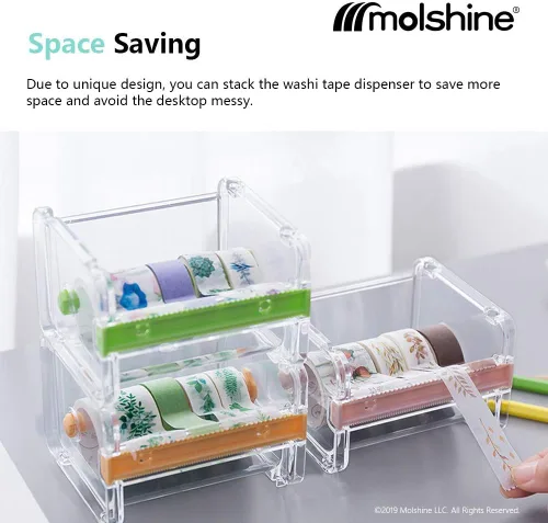 Miniatura 3 de molshine Paquete de 2 dispensadores de almacenamiento de cinta adhesiva transparente para escritorio, cortador de cinta, soporte de rollo de cinta