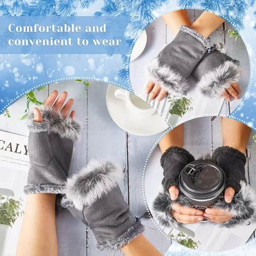 Miniatura 4 de 2 Pairs Women Fur Fingerless Gloves Winter Rabbit Fur Half finger Mittens for Women Girls Teen Working Writing
