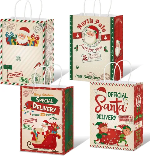Zonon 24 bolsas de papel de estraza de papel de estraza para Navidad, bolsas de papel de Navidad rojas y verdes con asas, regalo de caramelos de