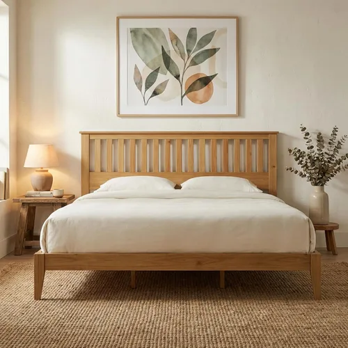 ComfIQ Cama de plataforma de madera maciza con listones de madera, marco duradero, no requiere somier, amplio almacenamiento debajo de la cama, Pino