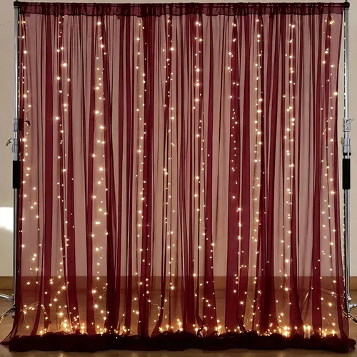 Miniatura 12 de Cortina de telón de fondo de tul negro de 10 x 10 pies con cadena de luces para fiestas, cortinas de fondo de fotos transparentes para bodas