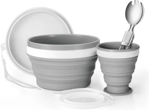 Odoland - Juego de tazas y cuencos de silicona plegables para camping, kit portátil con tenedor de acero inoxidable y tapa para mochileros de 1