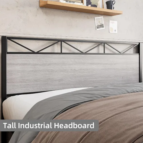 Miniatura 6 de Senfot Base de cama de tamaño matrimonial con cabecera y estribo de madera rústica, plataforma de metal, soporte de listones de acero resistente,