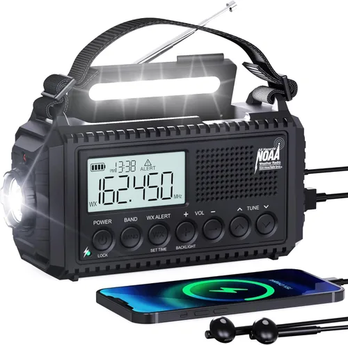 Miniatura 15 de Radio de emergencia de 12000 mAh - Alerta meteorológica AUTO NOAA, manivela solar AM/FM/SW/NOAA, linterna, cargador de teléfono, sirena SOS, kit