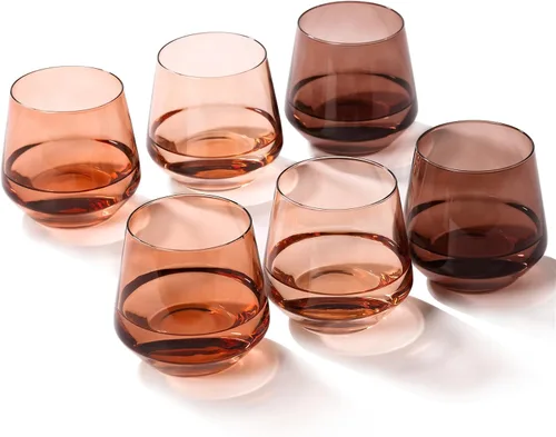 Juego de 6 copas de vino sin tallo: vasos de vino de colores soplados a mano sin tallo: cristalería de color Venus de 15 onzas para vino o