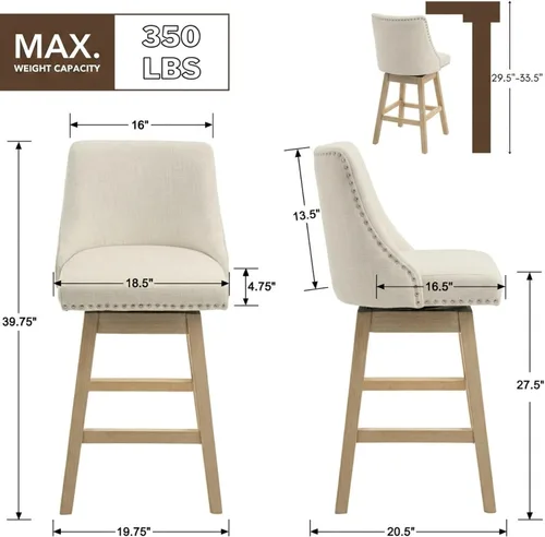 Miniatura 3 de Taburetes de Bar de Altura de Mostrador de 27.5 Pulgadas Taburetes de Cocina de Lino Modernos de Mediados de Siglo con Respaldo Patas de Madera Lino