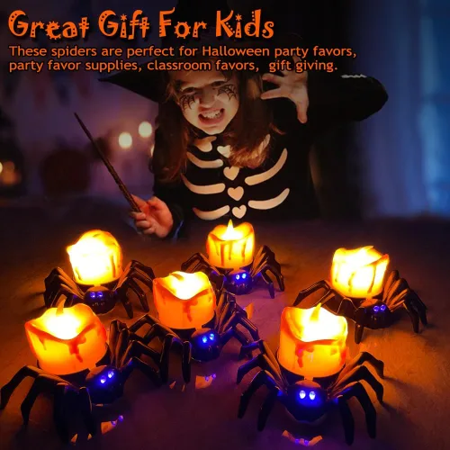 Miniatura 7 de Paquete de 6 velas LED sin llama de Halloween, velas LED de araña 3D con luz amarilla y morada cálida brillante, funciona con pilas, luces LED