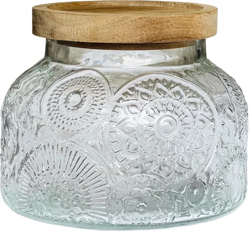 Miniatura 26 de Tarro decorativo de vidrio azul con tapa de madera hermética de 25.4 onzas, 2 piezas, boca ancha, recipientes de almacenamiento de alimentos