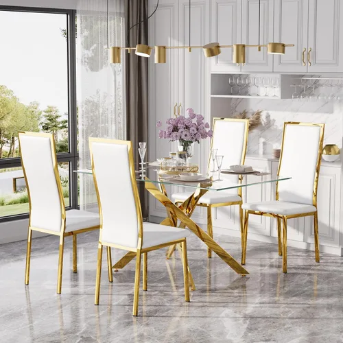 Miniatura 16 de Juego de mesa de comedor de cristal dorado moderno de 63 pulgadas para 6, juego de mesa de cocina rectangular de 7 piezas con patas de acero Negro