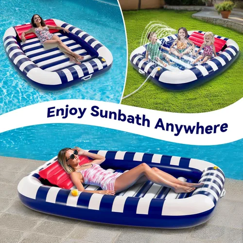 Miniatura 6 de Pool Wave - Flotadores inflables para piscina con aspersor de agua, cama de bronceado grande de 80 x 66 pulgadas para adultos y niños, balsa Azul