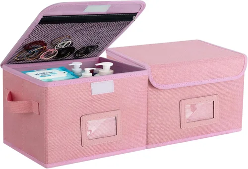 Miniatura 8 de Caja de almacenamiento pequeña, cesta de almacenamiento con tapa, caja plegable de tela de lino de algodón, contenedor organizador con cremallera
