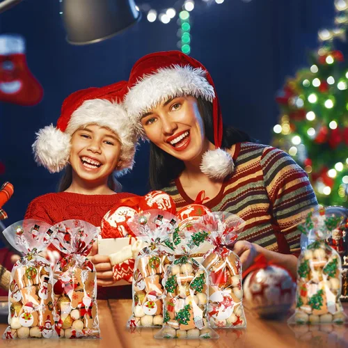 Miniatura 7 de Outus 100 piezas de bolsas de celofán de Navidad, bolsas de Navidad de plástico con lazos giratorios para dulces, galletas, golosinas, envoltorios