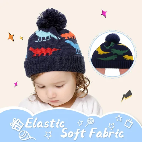 Miniatura 5 de Gorro de punto de invierno para bebé, forro polar, gorro grueso con pompón, gorro cálido para niños de 3 a 18 meses