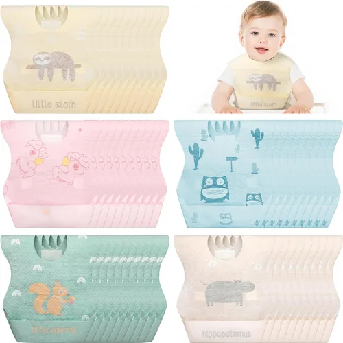 Shinymoon 100 baberos desechables para bebé, envueltos individualmente, baberos de viaje, impermeables, atrapadores de alimentos para niños y niñas