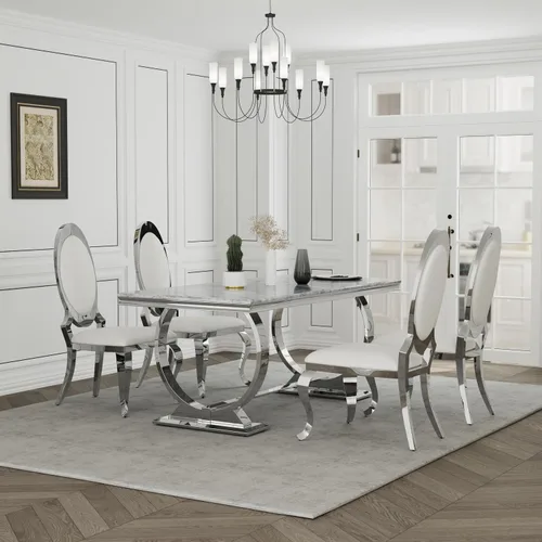 Miniatura 12 de ACEDÉCOR Juego de mesa de comedor moderno de 5 piezas con 4 sillas de comedor de cuero negro, mesa de comedor con base en U de metal de acero Oro