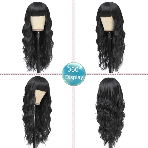 Miniatura 5 de Peluca larga negra ondulada con flequillo para mujer, 26 pulgadas, peluca sintética de aspecto natural de repuesto para uso diario, fiesta, cosplay