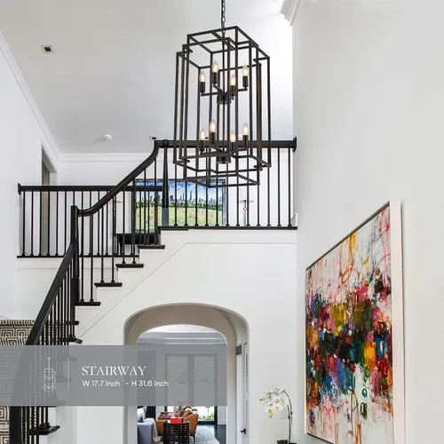 Miniatura 3 de lámpara colgante de farol de 8 luces en forma de escalones, lámpara de araña de granja de metal negro para colgar en vestíbulo de entrada, comedor