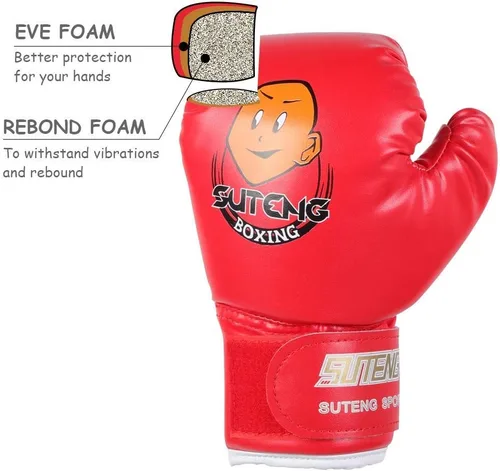 Miniatura 8 de Guantes de boxeo para niños Guantes de entrenamiento de cuero PU Guantes de entrenamiento de dibujos animados para niños Guante Muay Thai (rojo)