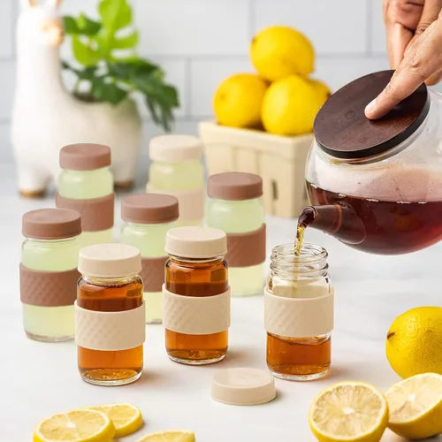 Miniatura 4 de Recipientes para chupitos de jugo, vidrio, transparentes, 2 onzas, tapas de colores y bandas de agarre de silicona, almacenamiento de bebidas