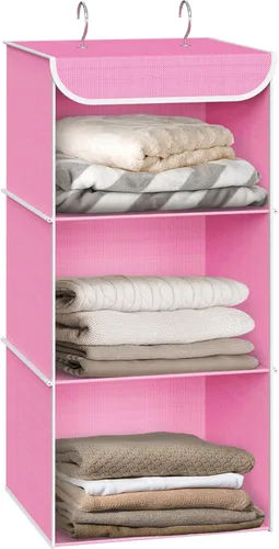 Simple Houseware Organizador colgante de armario de 3 estantes, estantes de almacenamiento de tela con capacidad de 57 litros, color rosa Rosado