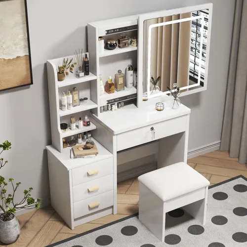 Miniatura 7 de Runboll - Tocador con espejo LED y luces, mesa de maquillaje con taburete acolchado, juego de tocador con 4 cajones, 3 estantes para dormitorio