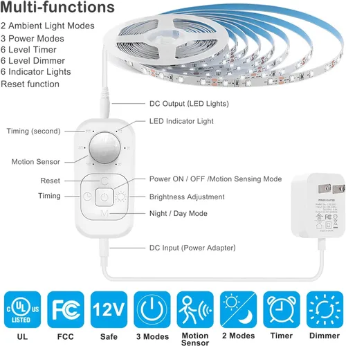 Miniatura 4 de Luces con sensor de movimiento para debajo del gabinete: tira de luces LED enchufables para interiores con adaptador de corriente, atenuador