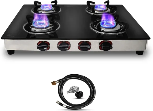 Estufa de gas de 24 pulgadas - Estufa de gas de vidrio templado con 4 quemadores y cuerpo inferior de acero inoxidable - Estufa de gas de encimera