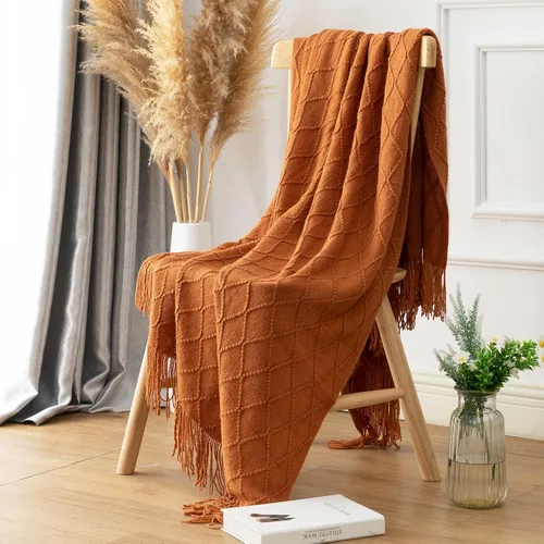 Quinnsus Manta de otoño naranja quemado para sofá, suave y ligera, decorativa, de acrílico, bohemio, manta tejida cálida con borlas para viajes,