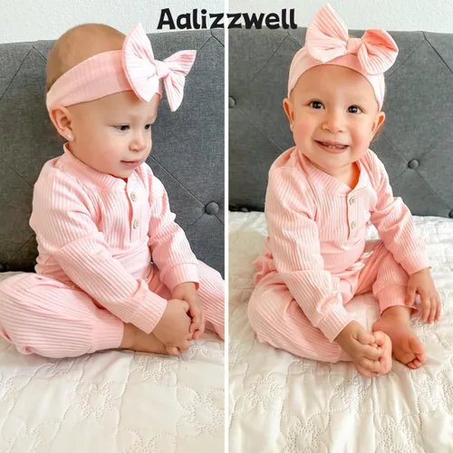 Miniatura 3 de Aalizzwell Traje acanalado de manga larga neutral para bebé con sombrero y diadema
