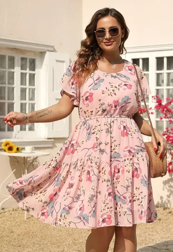 Miniatura 4 de Nemidor NEM297 - Vestido casual de verano con estampado, de gasa para mujer, talla extragrande, con manga con volantes, por debajo de la rodilla