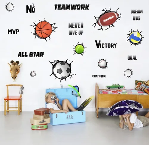 Miniatura 3 de YIMEHDAN Calcomanías de pared de pelotas deportivas 3D, fútbol, voleibol, rugby, baloncesto, tenis, vinilo para pared, diseño deportivo extraíble