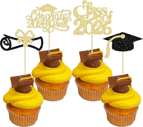 Miniatura 11 de Gyufise 24 piezas de decoración para cupcakes con purpurina para graduación 2026, decoración de pasteles para graduación 2026, decoración de Negro