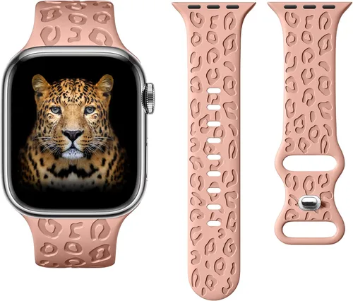 Miniatura 3 de CreateGreat Bandas Grabadas Compatibles con Apple Watch de 40mm 41mm 38mm 42mm 44mm 45mm 46mm 49mm, Correa de Silicona Suave con Patrón de Leopardo