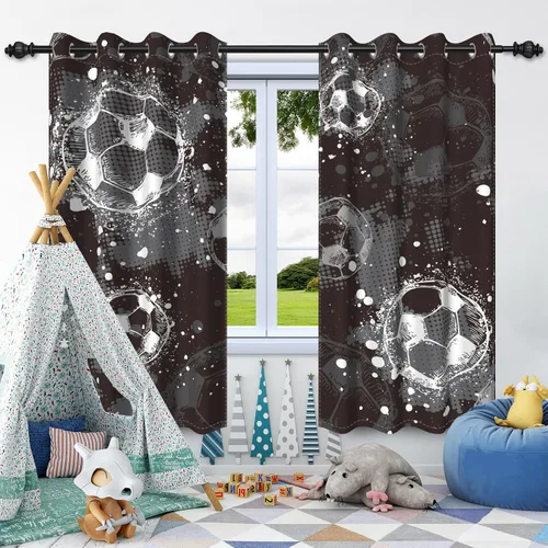 Miniatura 4 de Cortinas opacas de fútbol para dormitorio de niños, con temática deportiva, para sala de fútbol, cortinas de fútbol en blanco y negro