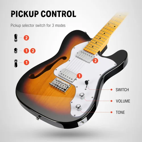 Miniatura 3 de Guitarra eléctrica Donner Jazz de 39 pulgadas TL Thinline F Hole para principiantes, tamaño grande, guitarra hueca con pastillas H-H, con bolso