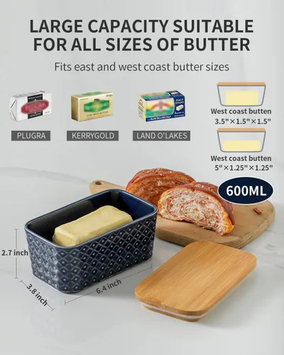 Miniatura 2 de Hasense Mantequillera de cerámica con tapa, recipiente grande para mantequilla hermética para encimera, patrón azul marino en relieve, fácil