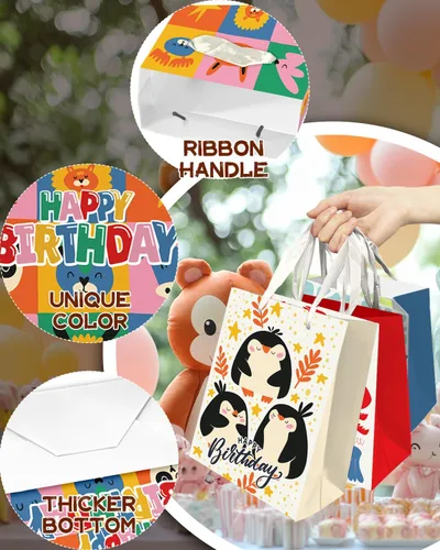 Miniatura 5 de qiqee Bolsas de regalo de papel surtido con asas de papel de seda, 8 bolsas de regalo de cartón de cumpleaños de animales florales para mujeres