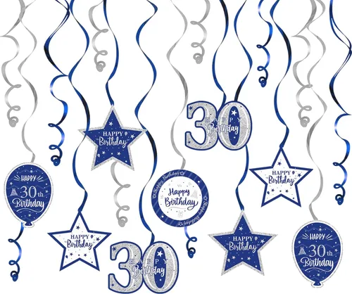 Miniatura 22 de Decoración de fiesta de serpentinas con purpurina azul y plateada de feliz 11º cumpleaños, 15 piezas de remolinos colgantes de 11 cumpleaños, cartel