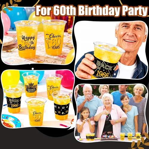 Miniatura 3 de 50 vasos de plástico para fiesta de cumpleaños número 60 a granel, 16 onzas, vasos desechables de plástico negro dorado para celebrar cumpleaños