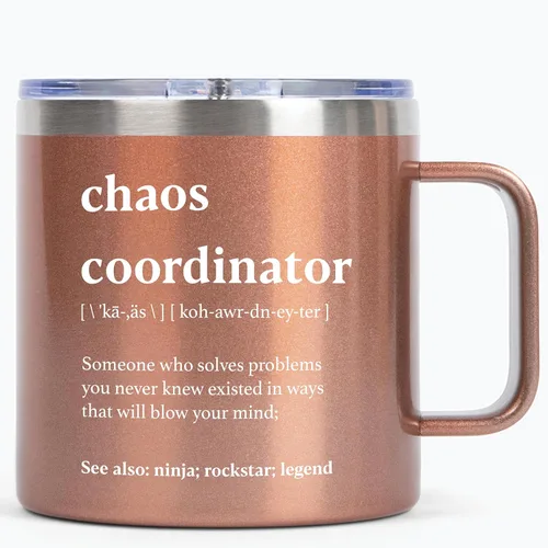 Vaso de viaje Coordinador del Caos color Oro Rosa de 14oz, Regalos del Coordinador del Caos para mujeres, Regalos para jefas para mujeres, Regalo de