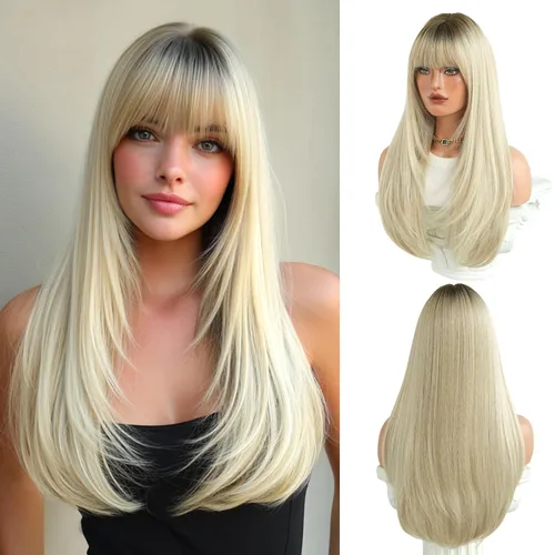 PARK YUN 27IN Cool Ash Platinum Blonde Straight Wig with Bangs Long Layered Synthetic Wig Shadow Root Light Beige Blonde Hair Heat Resistant Natural