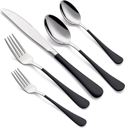 Juego de cubiertos negros de 20 piezas para 4, juego de cubiertos de acero inoxidable 18/0, incluye cuchillos de cena, tenedores de cena, cucharas