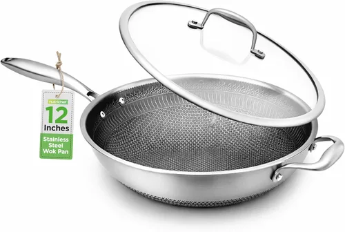 NutriChef DAKIN Wok duradero de acero inoxidable de 12 pulgadas – Wok de cocina triple con tapa de vidrio, mango lateral – Revestimiento