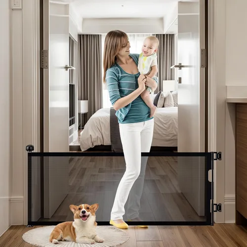 Miniatura 16 de Puertas de bebé retráctiles para escaleras, Pravoluxmax puerta retráctil extra ancha de 78" con varillas de soporte para la casa, puerta de Blanco