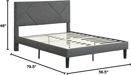 Miniatura 2 de Base de cama de plataforma de tamaño matrimonial con cabecera tapizada de tela y soporte de listones de madera, base de colchón totalmente tapizada