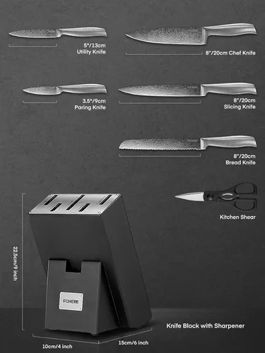 Miniatura 2 de FOHERE - Juego de cuchillos de cocina de 7 piezas con 5 afiladores integrados, juego de cuchillos de textura ondulada con bloque, juego de bloques